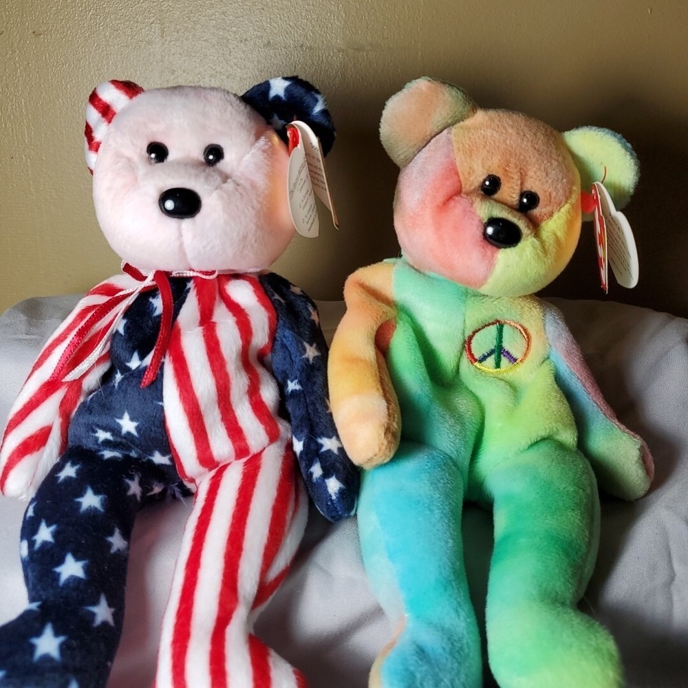 TY Spangle Beanie Baby Plush Bear Patriotic Red White Blue Stars Stripes 1999